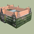 Historic Red Brick Building With Green Ivy Covered Walls Orange Roof And Pointed Spires