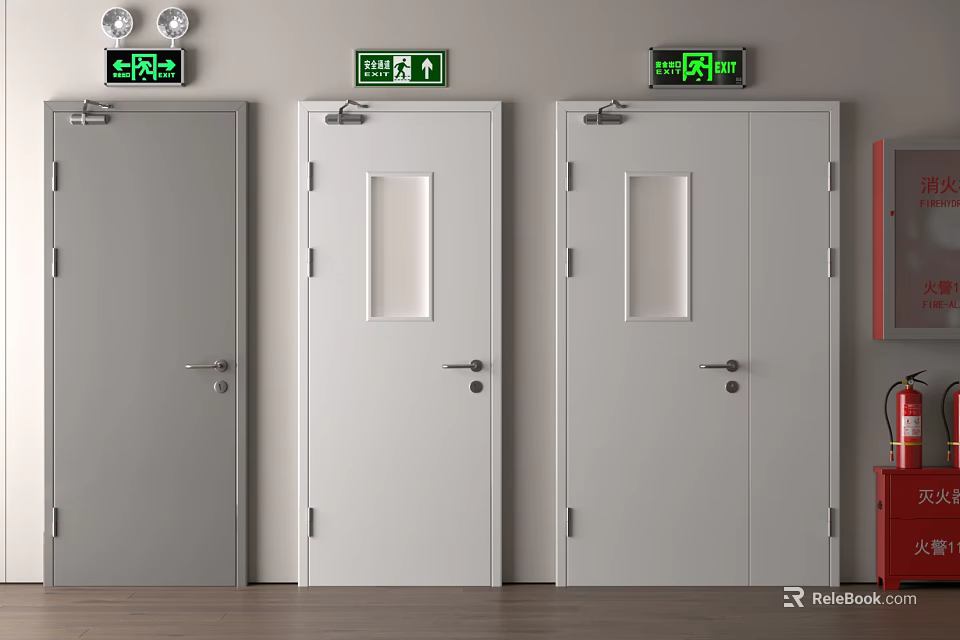 Fire Equipment In Building Interior Featuring Fire Doors Exit Signs And Extinguisher Cabinet 3d model 