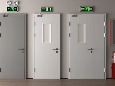 Fire Equipment In Building Interior Featuring Fire Doors Exit Signs And Extinguisher Cabinet 3d model