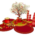 Chinese New Year Decorations With Fortune Tree Red Lanterns Gold Ingot And Fu Characters