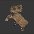 Rustic Thatched Roof Shelter Scene With Wooden Table Plates Stools And Hay Stacks