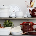 White Red Copper Kitchen Cookware Set On Shelf With Green Plant Decor