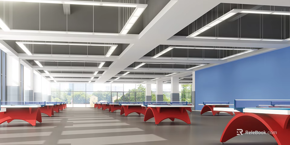 Indoor Table Tennis Fitness Hall With Bright Lighting Large Windows Red Leg Blue Top Tables 3d model 