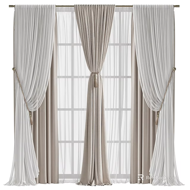 Elegant Double Layer Curtains With Sheer Inner And Beige Outer Tiebacks For Home Window 3d model