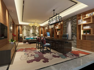 Modern Office Interior Design With Wooden Bookshelves Desk Chandelier Rug Sofa And Potted Plants 3d model