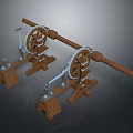 Industrial Mechanical Equipment With Twin Gear Mechanisms Wooden Bases And Long Transmission Rods