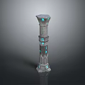 Ancient Decorative Stone Pillar With Blue Glowing Details And Intricate Carved Patterns