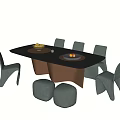 Modern Dining Table Set with Six Gray Chairs Two Round Stools Fruit Bowl and Plate