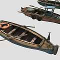 Vintage Wooden Boats With Blue Brown Red Hulls Canvas Covers Oars And Life Rings