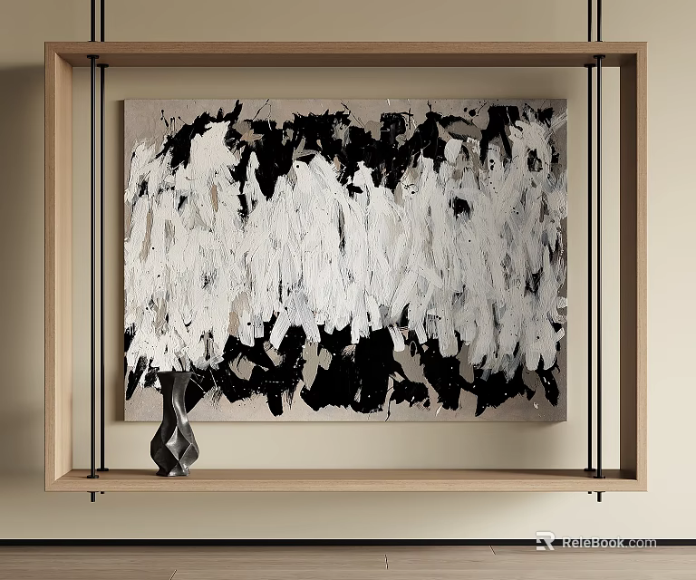 Modern Abstract Painting With Black White Gray Irregular Brushstrokes And Wooden Frame 3d model 