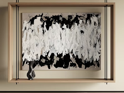 Modern Abstract Painting With Black White Gray Irregular Brushstrokes And Wooden Frame 3d model