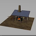 Rustic Hut With Blue Roof Chimney And Burning Fireplace Wooden Table Chairs On Dirt Ground