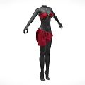 Black Mannequin Wearing Red Bra Top With Gold Circular Buckle And Asymmetrical Red Skirt