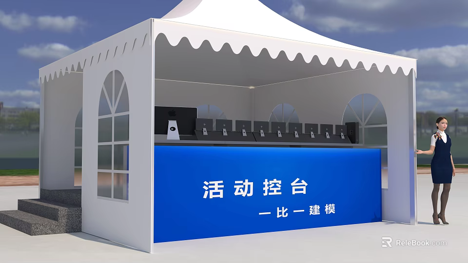 Event Control Console Life Size Model With White Canopy Tent And Blue Counter 3d model