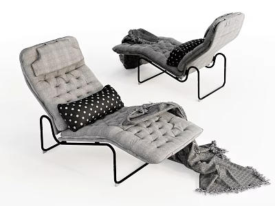 Gray Upholstered Lounge Chair With Black Metal Frame Polka Dot Pillow And Throw Blanket 3d model