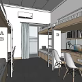 School Dormitory Room With Bunk Beds Study Desks Laptops And Bookshelves