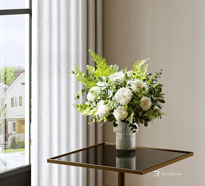 White Flowers with Green Leaves in Transparent Vase on Black Tray Table by Window 3d model 