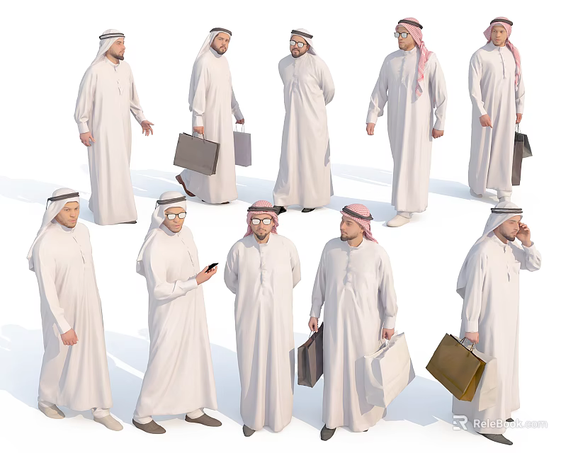 Multiple Middle Eastern Men in Traditional Thobe and Ghutra with Briefcases in Various Poses 3d model 