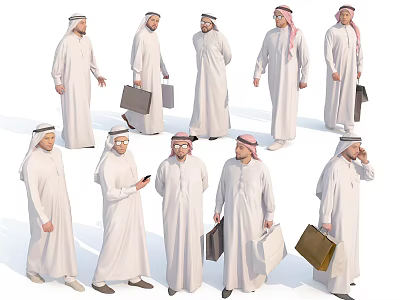 Multiple Middle Eastern Men in Traditional Thobe and Ghutra with Briefcases in Various Poses 3d model