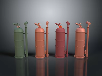 Unique Fire Extinguisher Shaped Weapons In Various Colors With Attached Pipes 3d model