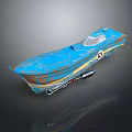 Blue Motorcycle with Orange and Yellow Stripes Black Part on Gray Background and Light Spots