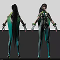 Female Character In Blue Green And Black Tight Costume With Long Ponytail Front Back View