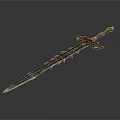 Fantasy Metallic Sword Weapon With Sharp Blade Red Blue Accents And Intricate Hilt Design