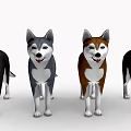 Four Different Colored Husky Dogs Standing In A Row With Friendly Expressions