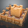 3D Medieval Castle Building With Fortified Walls Watchtowers And Decorative Spikes