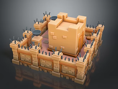 3D Medieval Castle Building With Fortified Walls Watchtowers And Decorative Spikes 3d model