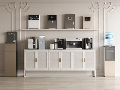Modern Household Appliances Display with Coffee Maker Water Dispenser Refrigerator on White Cabinet and Shelf 3d model