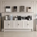 Modern Household Appliances Display with Coffee Maker Water Dispenser Refrigerator on White Cabinet and Shelf