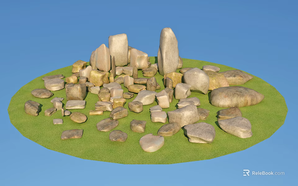 Rustic Stone and Wood Decorative Pile on Lush Green Grass 3d model