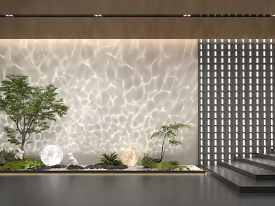 Decorative Lights Projecting Wavy Lighting Effects On Textured Wall With Green Plants And Lattice Screen 3d model