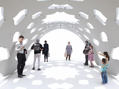 White Arched Structure With Hollowed Out Design People Interacting Under Light And Shadow Effects 3d model