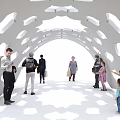 White Arched Structure With Hollowed Out Design People Interacting Under Light And Shadow Effects 3d model