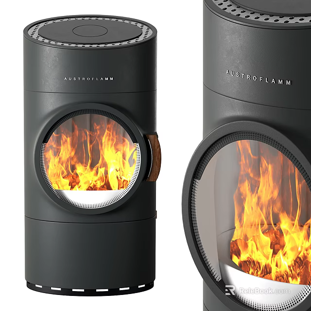 Modern Black Cylindrical Fireplace With Visible Flames And Ariston Design 3d model 