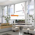 Modern Open Lounge Area Interior With White Architecture Large Windows Green Plants And Courtyard View
