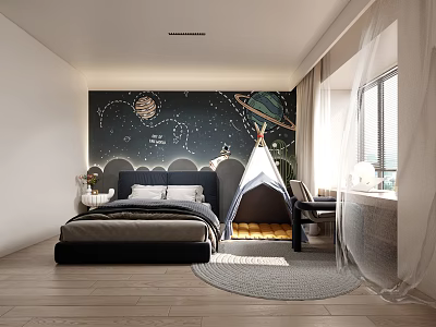 Cozy Modern Kids Bedroom Interior With Space Mural And Teepee Tent 3d model
