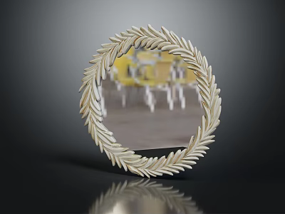 Round Decorative Mirror With Leaf Wreath Frame And Black Base For Home Interior 3d model