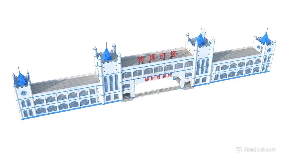 Urban Commercial Street Featuring Blue Spire Towers And Classical Architecture 3d model 