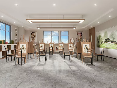 Spacious Art Classroom For Book Art With Easels Chairs And Natural Light 3d model