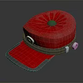 Red Formal Hat With Circular Top Gray Edging And Metallic Buckles
