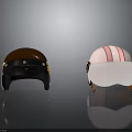 Weapon Themed Helmets With Brown And Pink Patterns And Goggles On Reflective Black Surface 3d model