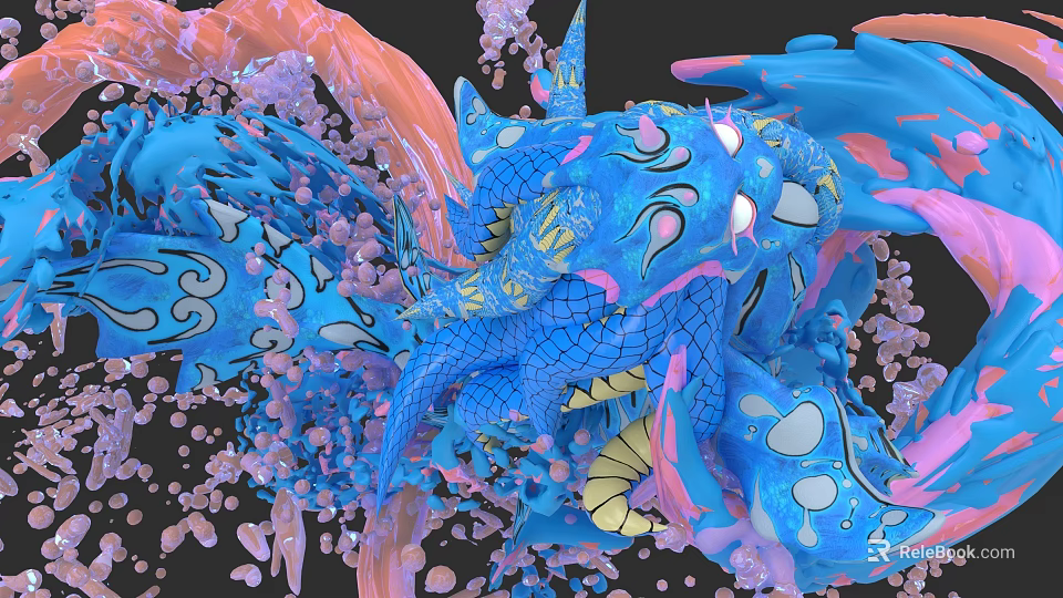 3D Rendered Fantasy Dragon With Blue Pink Scales Wings Floating Colorful Particles And Fluid Effects 3d model 