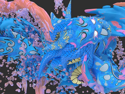 3D Rendered Fantasy Dragon With Blue Pink Scales Wings Floating Colorful Particles And Fluid Effects 3d model
