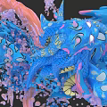 3D Rendered Fantasy Dragon With Blue Pink Scales Wings Floating Colorful Particles And Fluid Effects
