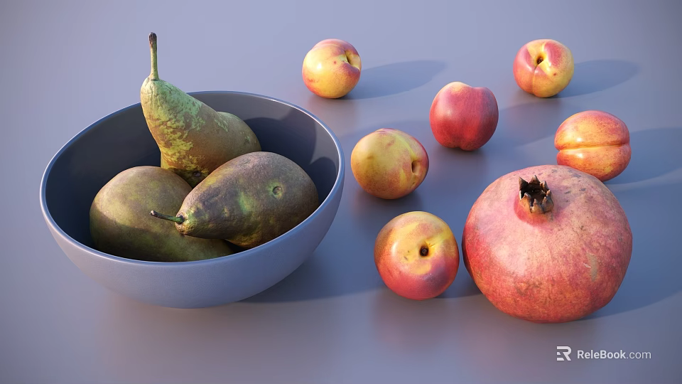 Fresh Pears in Blue Bowl with Ripe Peaches and Pomegranate on Gray Surface 3d model 