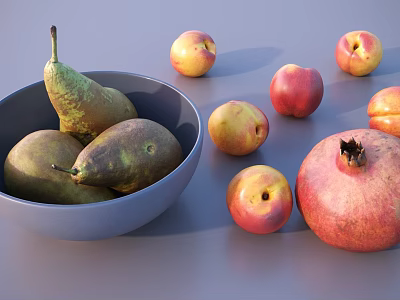 Fresh Pears in Blue Bowl with Ripe Peaches and Pomegranate on Gray Surface 3d model