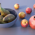 Fresh Pears in Blue Bowl with Ripe Peaches and Pomegranate on Gray Surface